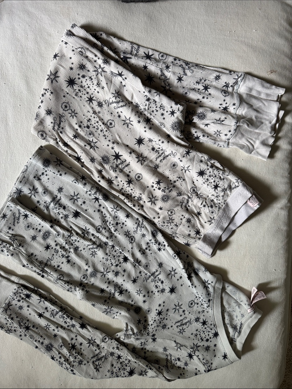 Victoria's Secret Cream Long-Sleeve Thermal Pajama Set with Black Star Print
